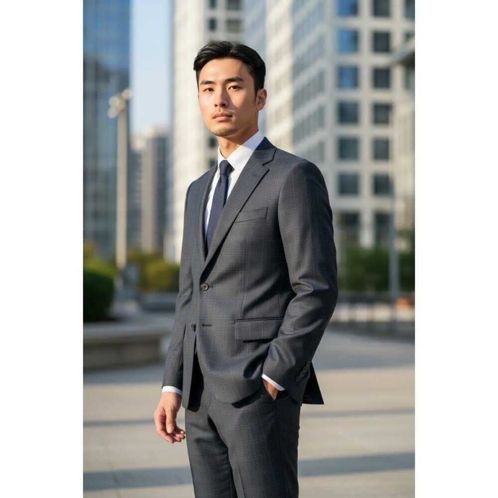 Gant Men’s 2 Piece Navy Blue Windowpane Check Pleated Euro Fit Suit Size In Disc
